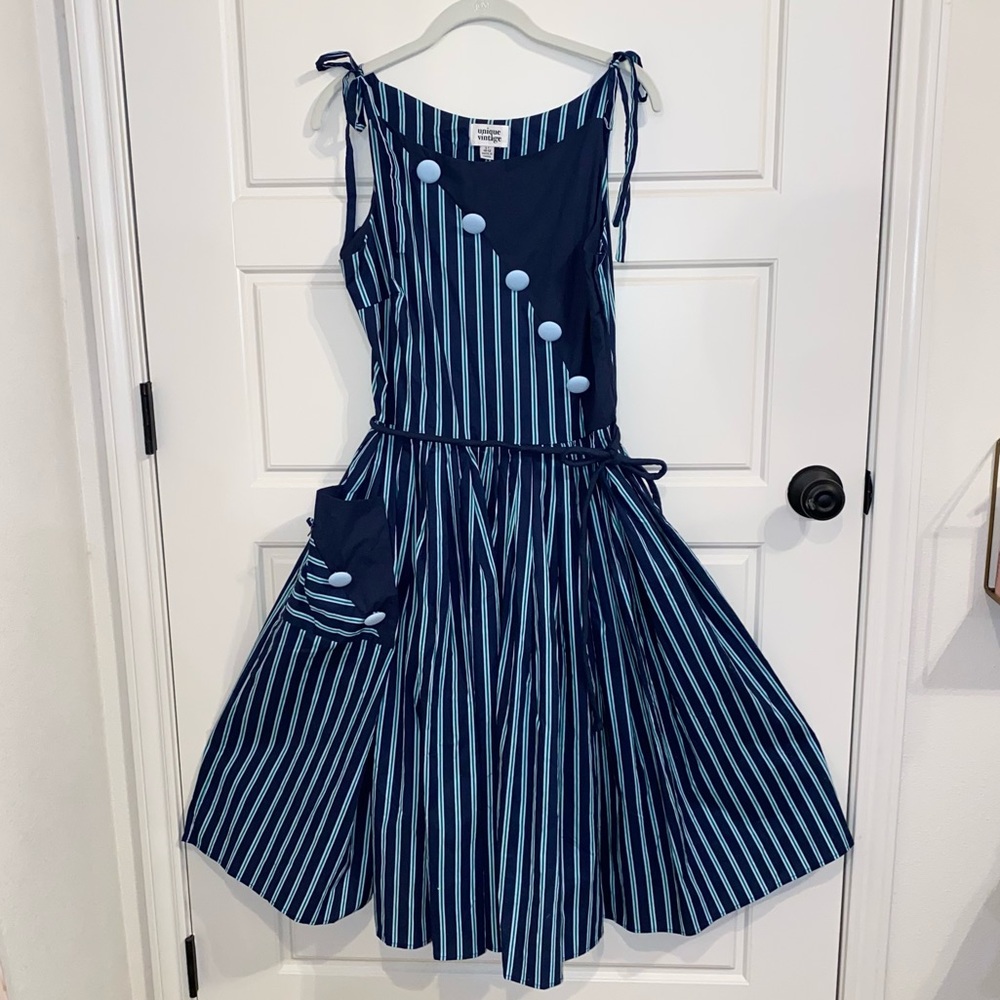 Unique Vintage Blue Faux Wrap Swing Dress